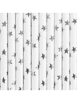  Valkoiset paperipillit hopeisilla tähdillä, 10kpl