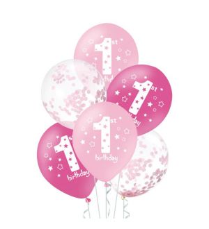  Ilmapallokimppu - 1st Birthday, Vaaleanpunainen, 6kpl