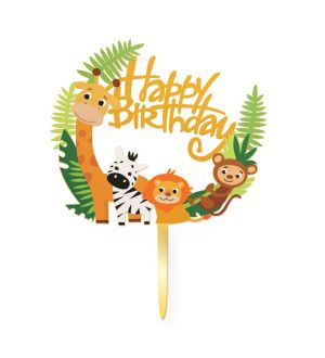  Akryylinen kakkukoriste - Happy Birthday, Viidakon eläimet