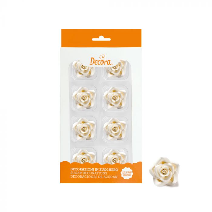 Decora Syötävät sokerikoristeet - Valkoiset ruusut, 3,5cm, 8kpl